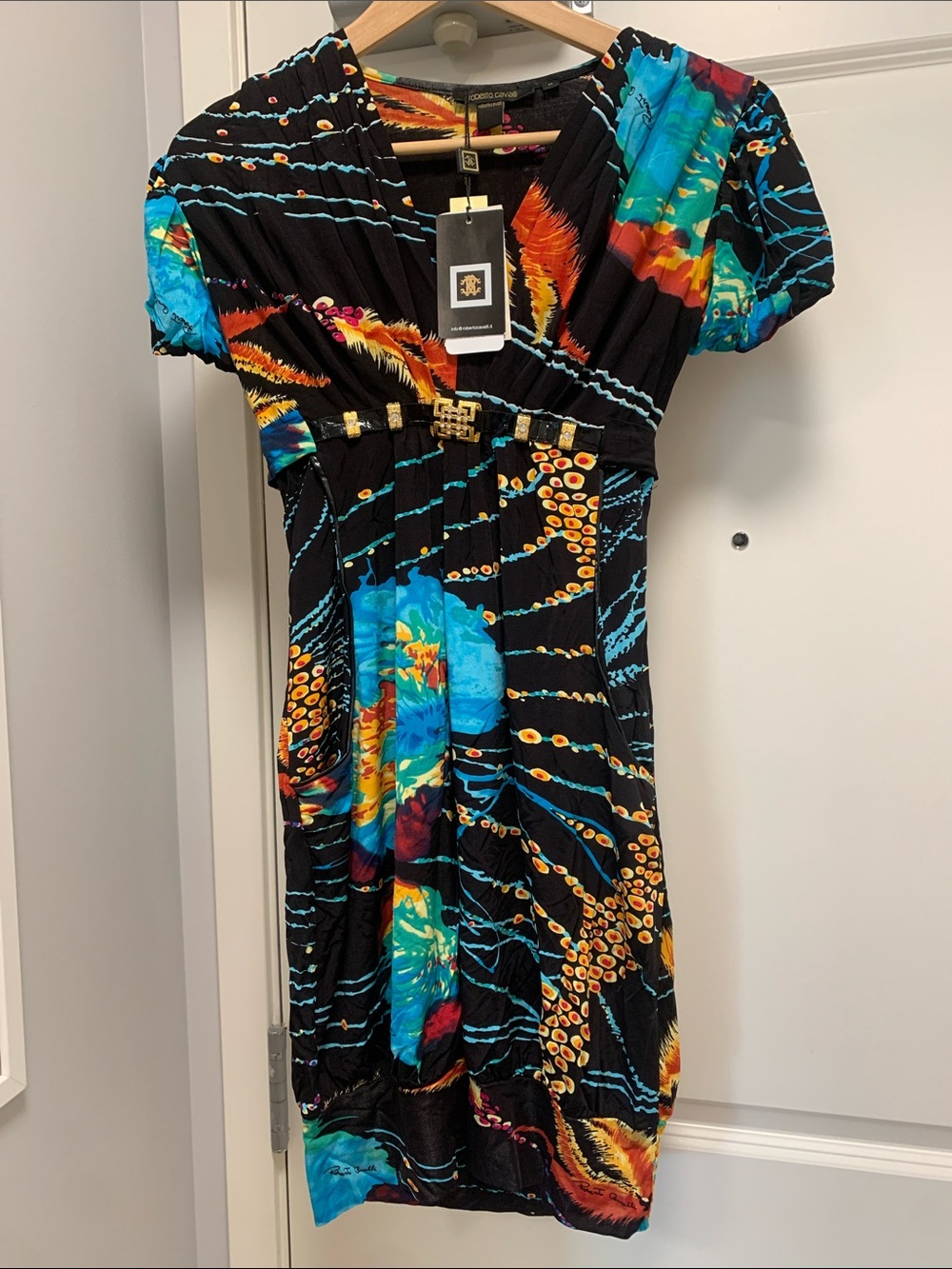 Roberto Cavalli Black Dress with Turquoise, Orange and Yellow Abstract Print